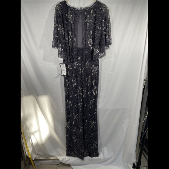 NWT Adrianna Papell Floral Beaded Mermaid‎ Capelet Gown in Gunmetal [SZ 2 ] - Picture 8 of 13